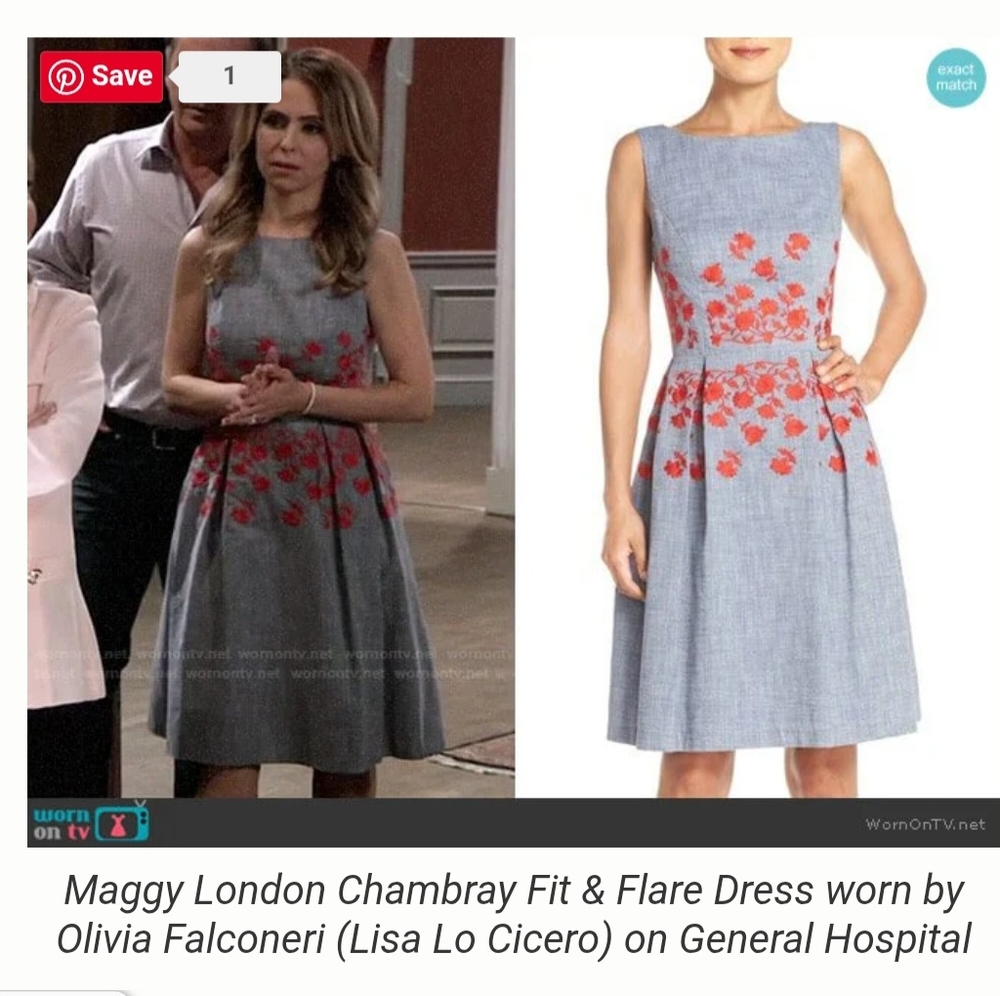 Maggy London Chambray Fit And Flare Dress Red Embroidered Flowers Sz.8 TV Dress - Picture 3 of 11